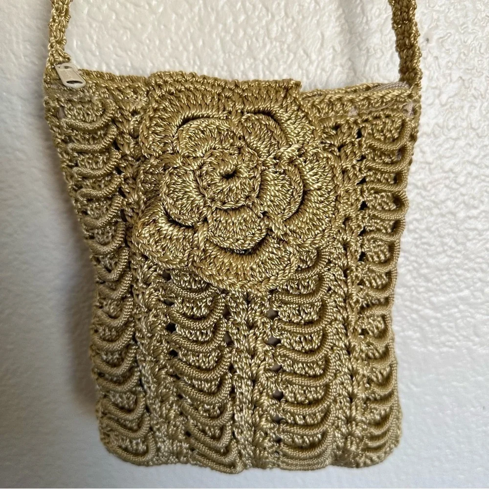 Vintage Handmade Crochet Floral Gold Cross Bag